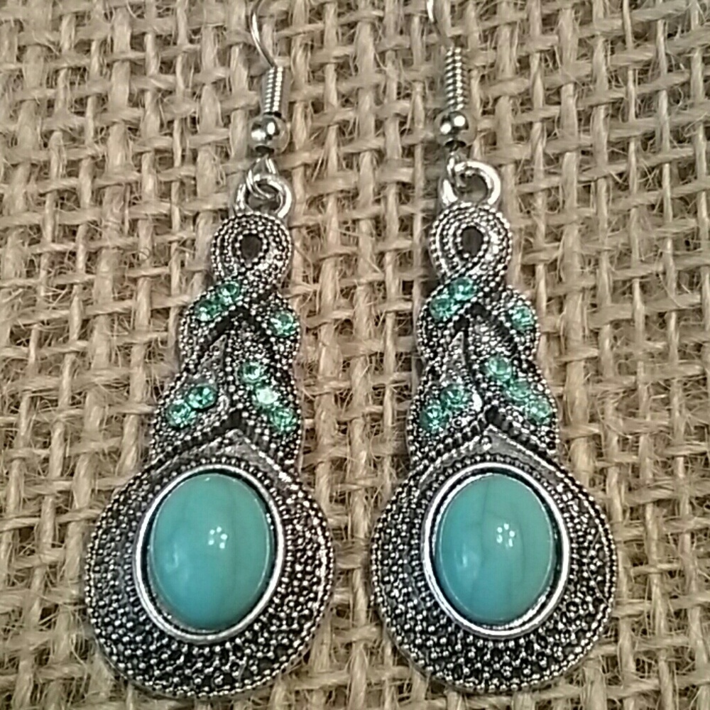 SILVER AND TURQUOISE EARRINGS WITH BLUE rhinestone